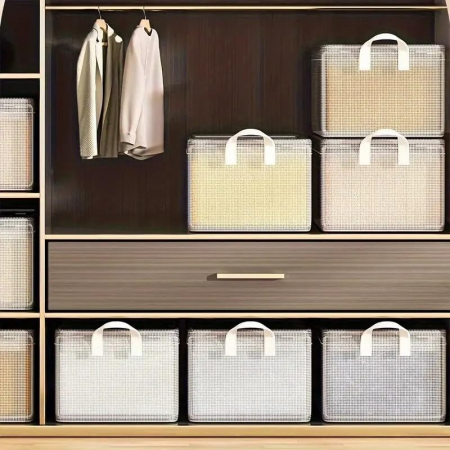 Cutie de Depozitare Tip Cos, Flippy, Material Textil Transparent, Pliabila, 47x28x20 cm, 35 l, Cadru Metalic, cu Manere, Alb [3]