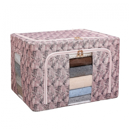 Pentru Casa si Camping - Cutie Depozitare, Flippy, 66L, din Material Textil, 50 x 40 x 33 cm, pentru Haine si Lenjerii, Model Bambus, Roz