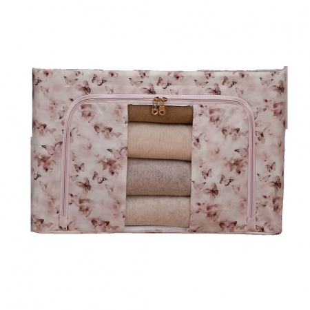 Pentru Casa si Camping - Cutie Depozitare, Flippy, 66L, din Material Textil, 50 x 40 x 33 cm, pentru Haine si Lenjerii, Model Fluturasi, Roz/Gri