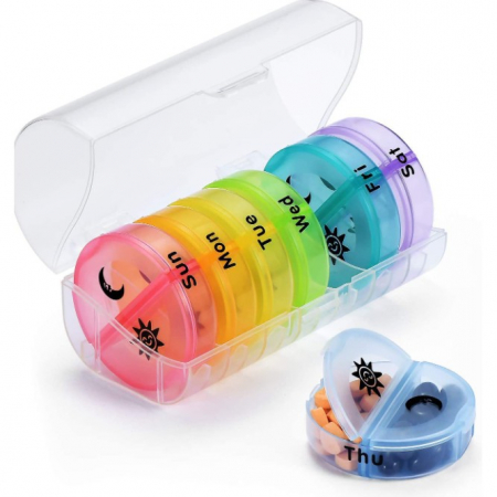 Cutii depozitare medicamente - Cutie Depozitare Medicamente, Flippy, 7 Zile, 14 Compartimente, Cutie Suport, Recipiente Detasabile, Portabila, Multicolor, 17.5x11x9.5 cm