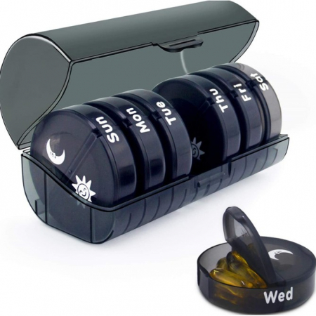 Cutii depozitare medicamente - Cutie Depozitare Medicamente, Flippy, 7 Zile, 14 Compartimente, Cutie Suport, Recipiente Detasabile, Portabila, Negru, 17.5x11x9.5 cm
