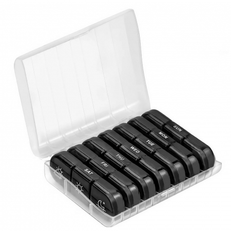 Cutii depozitare medicamente - Cutie Depozitare Medicamente, Flippy, 7 Zile, 21 Compartimente, Cutie Suport, Recipiente Detasabile, Portabila, Compartimente Negre, Cutie Transparenta, 15.6x12 cm