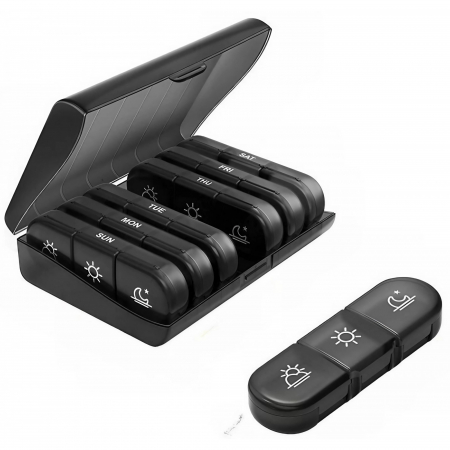 Cutie Depozitare Medicamente, Flippy, 7 Zile, 21 Compartimente, Cutie Suport, Recipiente Detasabile, Portabila, Negru, 15.6x12 cm [0]