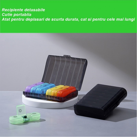 Cutie Depozitare Medicamente, Flippy, 7 Zile, 21 Compartimente, Cutie Suport, Recipiente Detasabile, Portabila, Recipiente Colorate, Cutie Neagra, 15.6x12 cm [1]