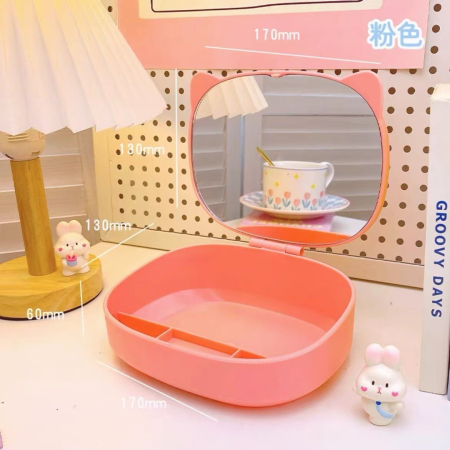 Cutie Organizatoare cu Oglinda, Flippy, 4 Compartimente, pentru Cosmetice si Accesorii, din ABS, 17x13x6 cm, Roz [8]