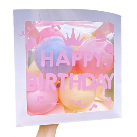 Articole petrecere - Cutie pentru Baloane, Flippy, Tematica Aniversare, Model Scris Happy Birthday, Baloane Albastre, Roz, Galbene si Panglica Incluse, Contur Alb, Transparenta, 30x30 cm