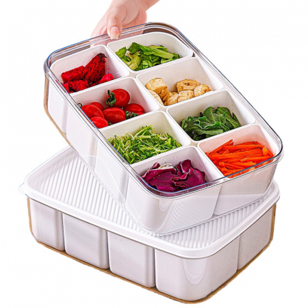 Ustensile de bucatarie - Cutie pentru Depozitare Alimente, Flippy, 8 Compartimente cu Capac, Material PET+PP, 29 x 20 x 9 cm, Alb/Transparent