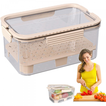 Cutie pentru Depozitare Alimente, Flippy, de Uz Casnic, 2 Compartimente, Zona pentru Gheata, Mentinere Fresh, cu Maner, Material PET, 23x15x10.8 cm, Bej [3]
