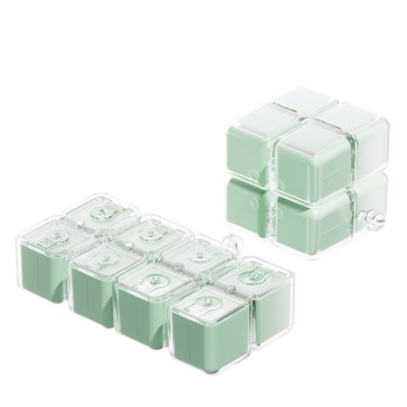 Cutie pentru Medicamente, Flippy, Model Rubik' Cube, cu Curea de Agatare, Dozator Portabil de Medicamente, Dispenser Pastile, estimat pentru 7 zile, 7.3 x 6 x 6 cm, Verde deschis [1]