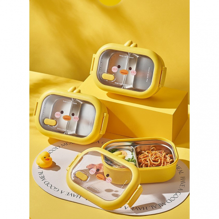 Cutie pentru Pranz sau Gustari, Flippy, cu Doua Compartimente, Model Ratusca, pentru Copii si Adulti, Etansare, PP, Perfect pentru Scoala si Birou, 1000 mL, 22.5x14.5x8 cm, Galben [2]