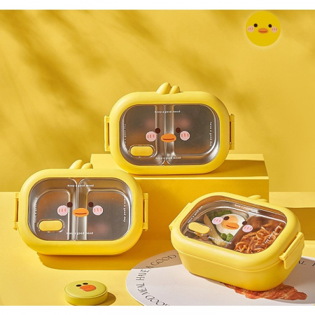Cutie pentru Pranz sau Gustari, Flippy, cu Doua Compartimente, Model Ratusca, pentru Copii si Adulti, Etansare, PP, Perfect pentru Scoala si Birou, 1000 mL, 22.5x14.5x8 cm, Galben [10]