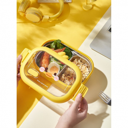 Cutie pentru Pranz sau Gustari, Flippy, cu Doua Compartimente, Model Ratusca, pentru Copii si Adulti, Etansare, PP, Perfect pentru Scoala si Birou, 1000 mL, 22.5x14.5x8 cm, Galben [3]