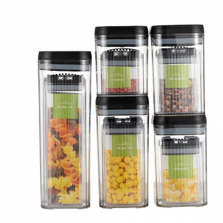 Bucatarie si electrocasnice - Cutii de Depozitare Alimente, Flippy, Set din 10 Cutii de tip Container, Recipiente pentru Cereale in Bucatarie, Transparente cu Capac Negru