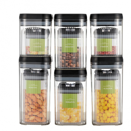 Pentru Casa si Camping - Cutii de Depozitare Alimente, Flippy, Set din 12 Cutii de tip Container, Recipiente pentru Cereale in Bucatarie, Transparente cu Capac Negru