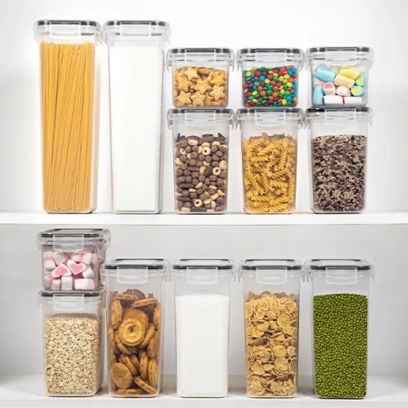 Cutii de depozitare alimente, Flippy, Set din 14 Cutii pentru Condimente, Cereale, Cutii pentru Bucatarie, din Plastic PP, Cutii Alimentare, Diferite Dimensiuni, Transparente [1]