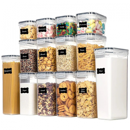 Ustensile de bucatarie - Cutii de depozitare alimente, Flippy, Set din 14 Cutii pentru Condimente, Cereale, Cutii pentru Bucatarie, din Plastic PP, Cutii Alimentare, Diferite Dimensiuni, Transparente