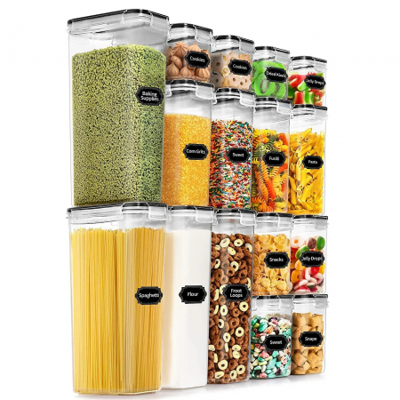 Ustensile de bucatarie - Cutii de depozitare alimente, Flippy, Set din 16 Cutii pentru Condimente, Cereale, Cutii pentru Bucatarie, din Plastic PP, Cutii Alimentare, Diferite Dimensiuni, Transparente