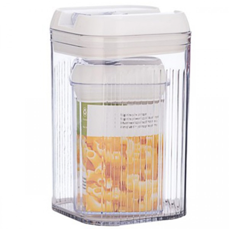 Bucatarie si electrocasnice - Cutii de Depozitare Alimente, Flippy, Set din 2 Cutii de tip Container, Recipiente pentru Cereale in Bucatarie, 0.8 L-10x15.5 cm, 2 L-12.5x12.5x21.5 cm, Transparente cu Capac Alb