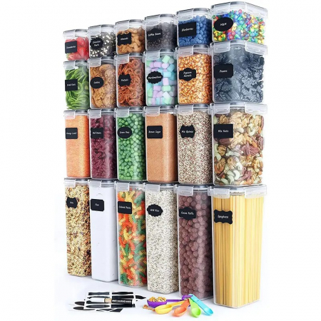 Ustensile de bucatarie - Cutii de depozitare alimente, Flippy, Set din 24 Cutii pentru Condimente, Cereale, Cutii pentru Bucatarie, din Plastic PP, Cutii Alimentare, Diferite Dimensiuni, Transparente