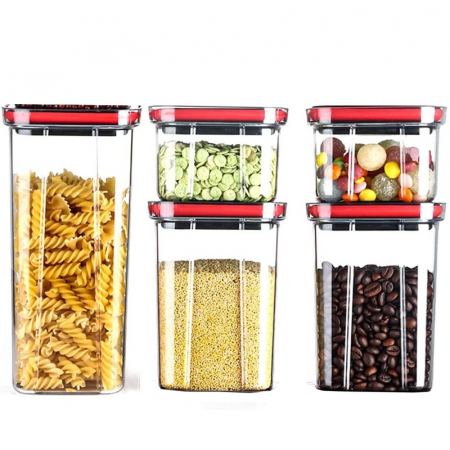 Pentru Casa si Camping - Cutii de Depozitare Alimente, Flippy, Set din 5 Cuti de tip Container, Recipiente pentru Cereale in Bucatarie,  Transparente cu Capac Negru