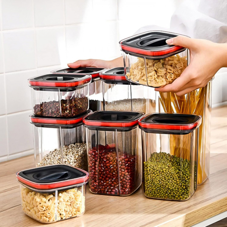 Cutii de Depozitare Alimente, Flippy, Set din 5 Cuti de tip Container, Recipiente pentru Cereale in Bucatarie,  Transparente cu Capac Negru [2]