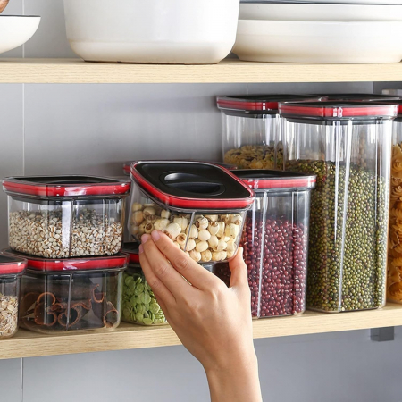 Cutii de Depozitare Alimente, Flippy, Set din 5 Cuti de tip Container, Recipiente pentru Cereale in Bucatarie,  Transparente cu Capac Negru [1]