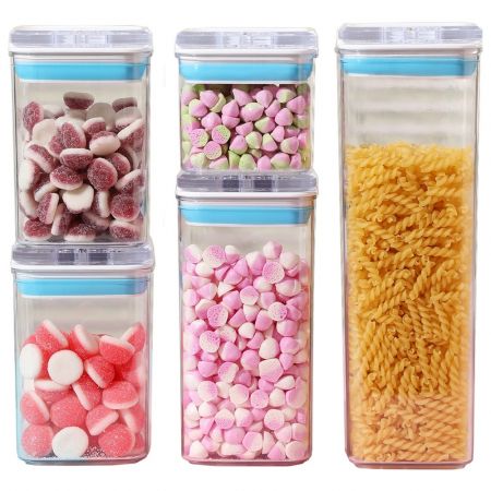 Pentru Casa si Camping - Cutii de Depozitare Alimente, Flippy, Set din 5 Cutii de tip Container, 1x0.5 l, 2x0.8 l, 1x1.2 l, 1x1.9 l, Recipiente pentru Cereale in Bucatarie, Transparente cu Capac Albastru-Alb
