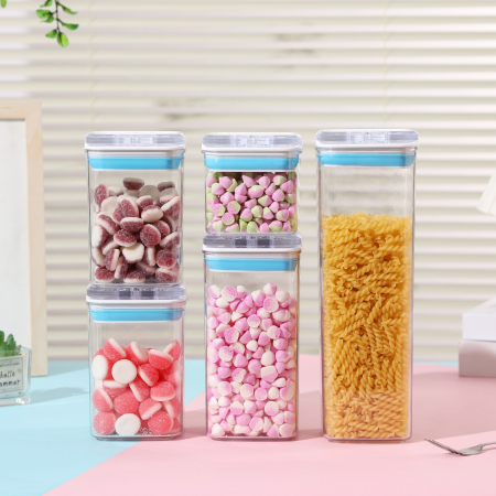 Cutii de Depozitare Alimente, Flippy, Set din 5 Cutii de tip Container, 1x0.5 l, 2x0.8 l, 1x1.2 l, 1x1.9 l, Recipiente pentru Cereale in Bucatarie, Transparente cu Capac Albastru-Alb [2]