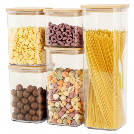 Bucatarie si electrocasnice - Cutii de Depozitare Alimente, Flippy, Set din 5 Cutii de tip Container, Cutii pentru Cereale, din Plastic, Capac din Bambuc, 1pc 0.5 l. 2pc 0.8 l, 2pc 1.2 l, 1pc 1.9 l, Transparente
