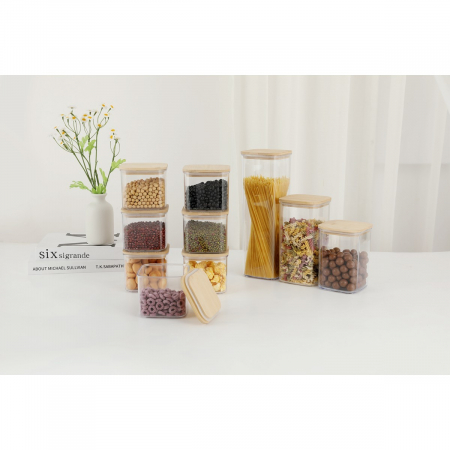 Cutii de Depozitare Alimente, Flippy, Set din 5 Cutii de tip Container, Cutii pentru Cereale, din Plastic, Capac din Bambuc, 1pc 0.5 l. 2pc 0.8 l, 2pc 1.2 l, 1pc 1.9 l, Transparente [3]