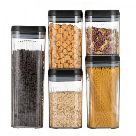 Ustensile de bucatarie - Cutii de Depozitare Alimente, Flippy, Set din 5 Cutii de tip Container, Recipiente pentru Cereale in Bucatarie, Transparente cu Capac Negru