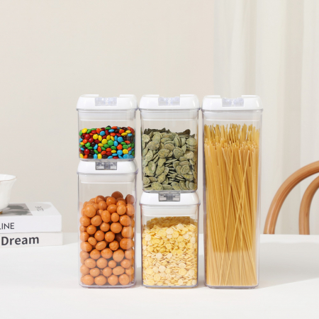 Cutii de Depozitare Alimente, Flippy, set din 5 Cutii pentru Condimente, Volumetrie 0.5l, 0.8l, 1.2l, 1.9l, Transparente cu Capac Alb [1]