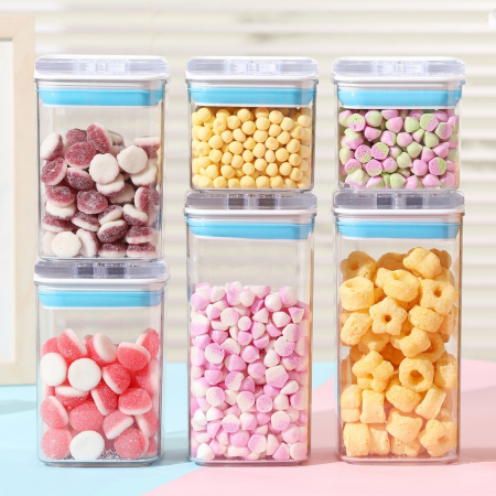 Cutii de Depozitare Alimente, Flippy, Set din 6 Cutii de tip Container, 2x0.5 l, 2x0.8 l, 2x1.2 l, Recipiente pentru Cereale in Bucatarie, Transparente cu Capac Albastru-Alb [1]