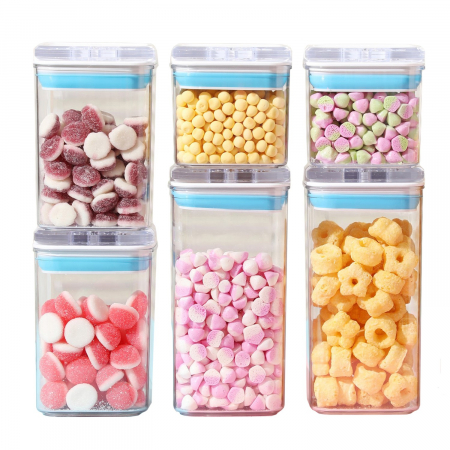 Pentru Casa si Camping - Cutii de Depozitare Alimente, Flippy, Set din 6 Cutii de tip Container, 2x0.5 l, 2x0.8 l, 2x1.2 l, Recipiente pentru Cereale in Bucatarie, Transparente cu Capac Albastru-Alb