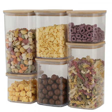 Bucatarie si electrocasnice - Cutii de Depozitare Alimente, Flippy, Set din 6 Cutii de tip Container, Cutii pentru Cereale, din Plastic, Capac din Bambuc, 2pc 0.5 l. 2pc 0.8 l, 2pc 1.2 l, Transparente