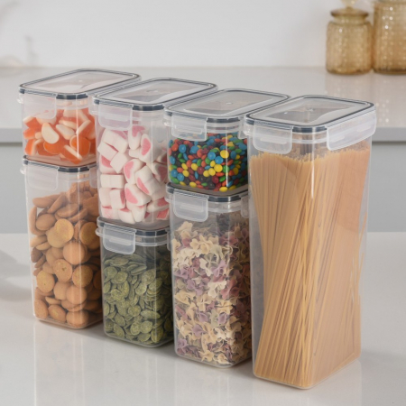 Cutii de depozitare alimente, Flippy, Set din 7 Cutii pentru Condimente, Cereale, Cutii pentru Bucatarie, din Plastic PP, Cutii Alimentare, Diferite Dimensiuni, Transparente [5]