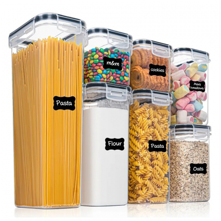 Ustensile de bucatarie - Cutii de depozitare alimente, Flippy, Set din 7 Cutii pentru Condimente, Cereale, Cutii pentru Bucatarie, din Plastic PP, Cutii Alimentare, Diferite Dimensiuni, Transparente