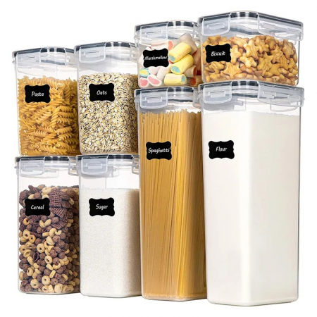 Ustensile de bucatarie - Cutii de depozitare alimente, Flippy, Set din 8 Cutii pentru Condimente, Cereale, Cutii pentru Bucatarie, din Plastic PP, Cutii Alimentare, Diferite Dimensiuni, Transparente