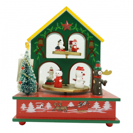 Decoratiuni, ornamente si articole Craciun - Cutiuta muzicala decorata, Casuta de Craciun, Multicolor, din Lemn, 17 cm x 20 cm, Interior, Flippy