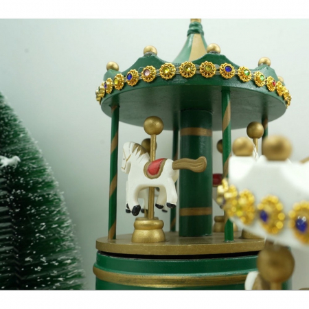 Cutiuta muzicala decorata de Craciun, Carusel rotativ, Verde, din Lemn, Interior, Flippy [8]