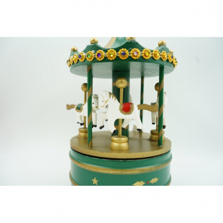 Cutiuta muzicala decorata de Craciun, Carusel rotativ, Verde, din Lemn, Interior, Flippy [6]