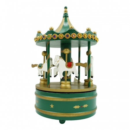 Decoratiuni, ornamente si articole Craciun - Cutiuta muzicala decorata de Craciun, Carusel rotativ, Verde, din Lemn, Interior, Flippy