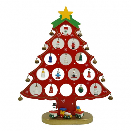 Pentru Casa si Camping - Decoratiune Craciun, Brad, Rosu, 15 cavitati cu ornamente, 25.5 cm x 33 cm, Lemn, Flippy