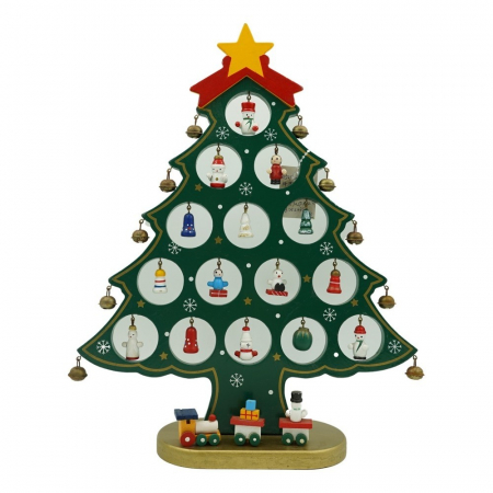 Decoratiuni, ornamente si articole Craciun - Decoratiune Craciun, Brad, Verde, 15 cavitati cu ornamente, 25.5 cm x 33 cm, Lemn, Flippy