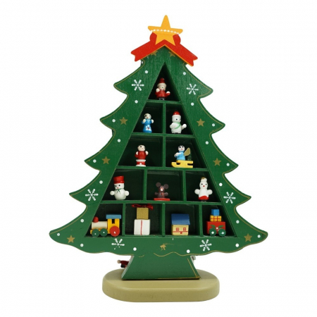 Decoratiuni, ornamente si articole Craciun - Decoratiune Craciun, Brad, Verde, 5 cavitati cu ornamente, 22 cm x 29 cm, Lemn, Flippy