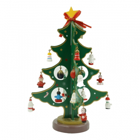 Decoratiuni, ornamente si articole Craciun - Decoratiune Craciun, Brad, Verde, 8 cavitati cu ornamente, 18.5 cm x 25 cm, Lemn, Flippy