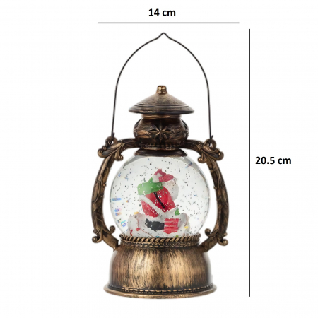 Decoratiune Craciun, Tip Felinar, Figurine Mos Craciun pe Cos, 3 Moduri, Functie Muzicala, Zapada in Miscare, Functioneaza Cu Baterii ( 3 x AA neincluse), Cablu USB (Inclus), Model Vintage Negru - Aur [1]