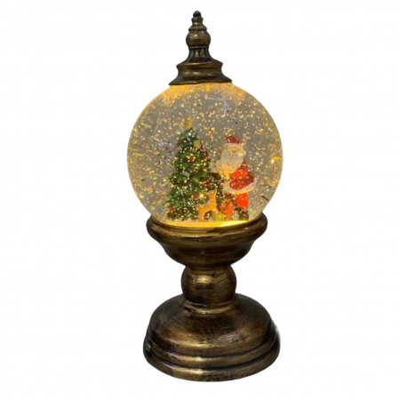 Decoratiune Craciun, Tip Felinar, Glob 12 cm, Figurine Mos Craciun si Brad, 3 Moduri, Functie Muzicala, Zapada in Miscare, Functioneaza Cu Baterii ( 3 x AA neincluse), Cablu USB (Inclus), Model Vintag [1]