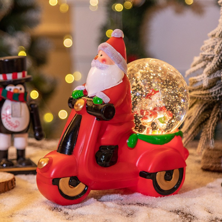 Decoratiuni, ornamente si articole Craciun - Decoratiune Craciun, Tip Motocicleta, Glob 10 cm, Figurine Mos Craciun, 3 Moduri, Functie Muzicala, Zapada in Miscare, Functioneaza Cu Baterii ( 3 x AAA neincluse), Cablu USB (Inclus), Model Rosu, 20 