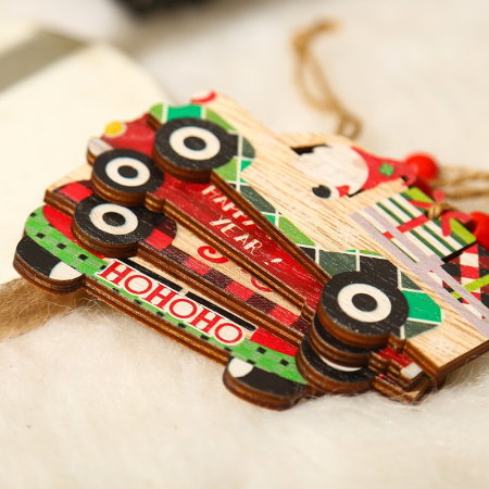 Decoratiune de Craciun din Lemn, Flippy, cu Snur pentru Agatare in Brad, Model Masina lui Mos Craciun, Scris Merry Christmas, 8x8x0.4 cm, Multicolor [4]